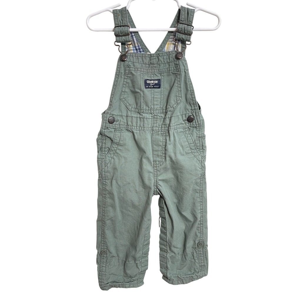 OshKosh B'gosh 24M Sage Green Canvas Overalls Plaid Lined Rustic Cottagecore